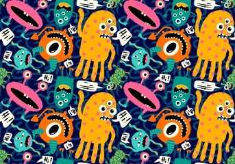 Cartoon doodle monsters seamless aliens and animals pattern for wrapping paper and fabrics and kids clothes