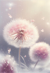 Dandelion flower and snow. Generative Ai