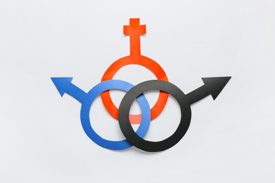Gender symbols in colors of polyamory flag on grey background