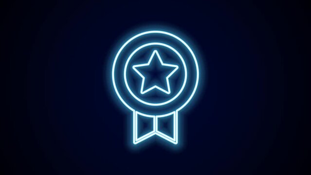 Glowing neon line Game rating with medal icon isolated on black background. Level results for game. 4K Video motion graphic animation