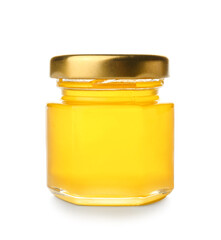 Tasty honey in jar on white background