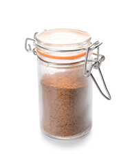 Jar with cinnamon spice on white background