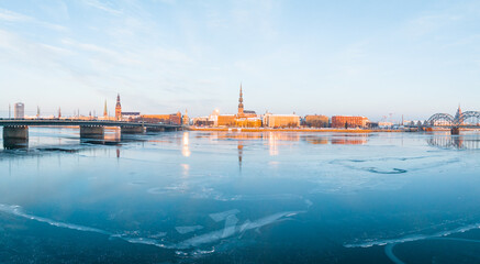Fototapeta premium Aerial view of the winter Riga old town - the capital of Latvia. Beautiful winter over Riga.