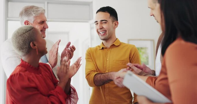 Business people, handshake or clapping company promotion, marketing internship success or advertising kpi goals. Smile, happy or man shaking hands in welcome, thank you or teamwork greeting gesture
