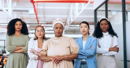 Business women empowerment, portrait and team diversity for collaboration, motivation and mission for goals in office. Group of people, female workers and focus on vision in global marketing agency