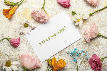 Card with text VIELEN DANK and different flowers on light background