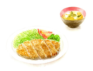トンカツと豆腐とワカメの味噌汁  水彩イラスト　