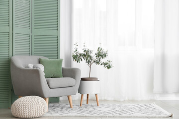 Interior of modern living room with olive tree, armchair and pouf