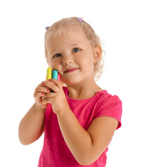 Funny little girl with felt-tip pens on white background