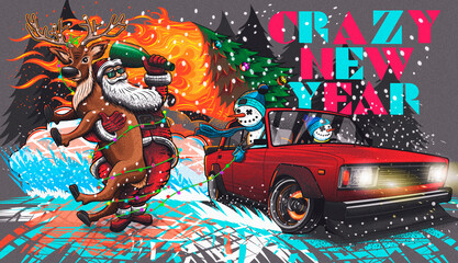 crazy new year in the drift, snowmen on a car wrap Santa and a deer in a garland © yurii oliinyk