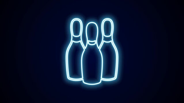 Glowing neon line Bowling pin icon isolated on black background. Juggling clubs, circus skittles. 4K Video motion graphic animation