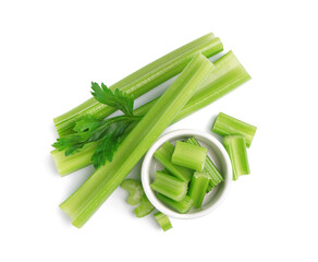 Bowl of cut celery on white background