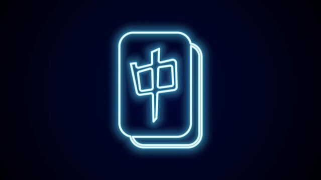 Glowing neon line Mahjong pieces icon isolated on black background. Chinese mahjong red dragon game emoji. 4K Video motion graphic animation