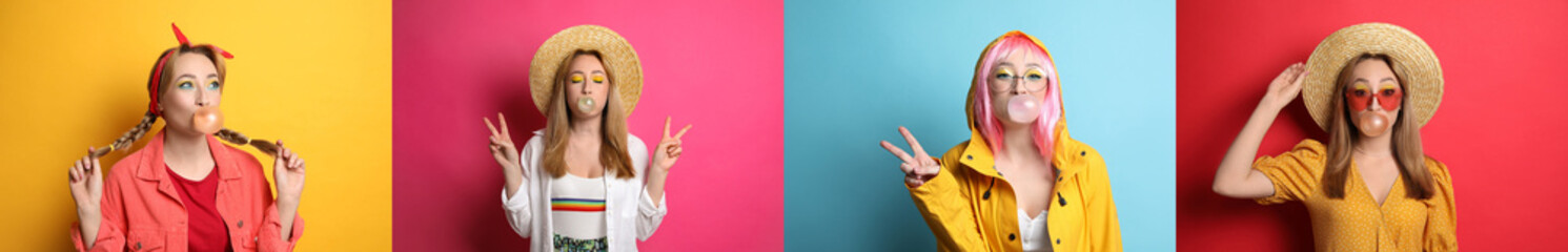 Collage with photos of woman blowing bubblegum on color backgrounds, banner design
