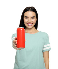 Beautiful happy woman holding red beverage can on white background