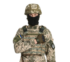 Ukrainian soldier in military uniform, helmet and balaclava on white background