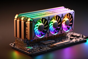 Graphics card. Futuristic gaming GPU with RGB neon lights and a cooling system, graphics processing unit, generative ai