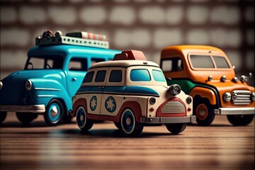 Obraz premium Retro vintage collection of toy cars on a wood background of Generative ai illustration.