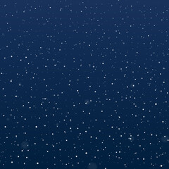 Snowfall at night. Falling snowflakes on dark background. Galaxy stars on night sky. Splattered particles, dots, specks, splashes, drops, spray texture. 