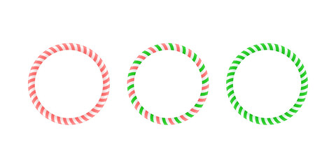 Christmas round frame set. Candy cane border with striped lollipop pattern. Xmas and new year template collection. Vector 