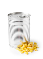 Tin can with corn isolated on white background