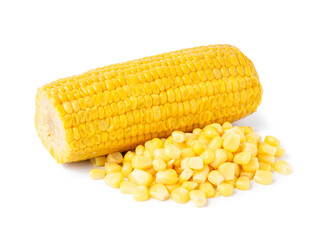 Corn cob and heap of kernels isolated on white background