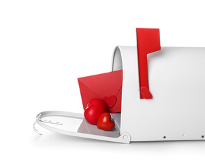 Mailbox with envelope and hearts on white background. Valentine's Day celebration