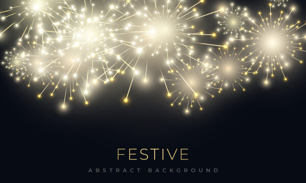 Festive background with brightly fireworks shining sparks. Firecrackers and celebration lights in night sky. Xmas and happy new year salute. Realistic fireworks celebration vector background.