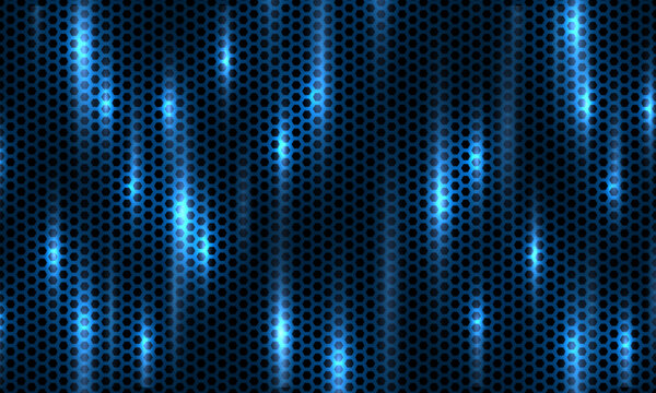 Dark blue background. Dark hexagon carbon fiber texture. Navy blue honeycomb metal texture steel background with bright flashes. Web design template vector illustration.