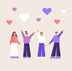 set of people, people catch hearts from the sky vector illustration. Hearts like symbol of love and life. Sociaty of different people concept. happy together