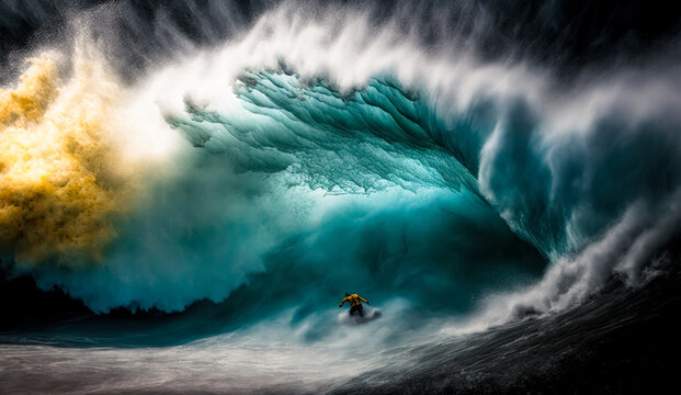 A Man, A Surfer In Front Of A Giant Wave. The Concept Of The Power Of Nature And The Vulnerability Of Man To Its Forces. Huge Waves Tsunami Big Waves.	