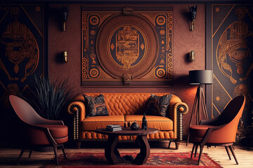 Luxury antique african living room interior design. Architecture design classic interior. Afrofuturism. orange and brown color scheme. Generative ai