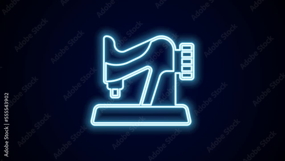 Sticker glowing neon line sewing machine icon isolated on black background. 4k video motion graphic animatio