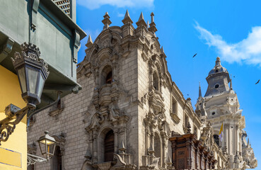 Lima, Peru, Archbishop Palace on colonial Central plaza Mayor or Plaza de Armas in historic center.