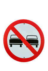 Forbidden to overtake: road sign closeup on white background