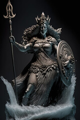 Athena the ancient Greek goddess of wisdom and knowledge holding a spear, Athens Greece. Dark background -Generative ai