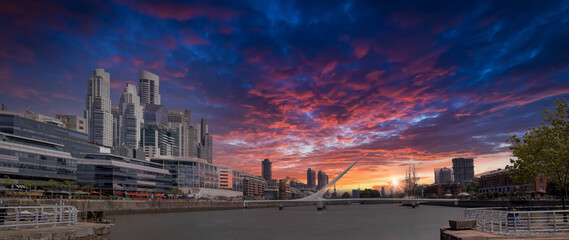 Argentina, Buenos Aires, panoramic urban skyline and cityscape of Puerto Madero a waterfront.