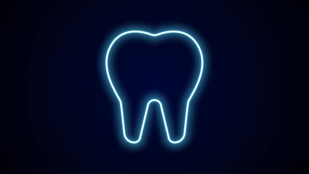 Glowing neon line Tooth icon isolated on black background. Tooth symbol for dentistry clinic or dentist medical center and toothpaste package. 4K Video motion graphic animation