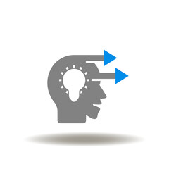 Vector illustration of head with bulb and forward arrows.  Icon of forward thinking. Symbol of mindset and brainstorm. Sign of strategy, idea generation.