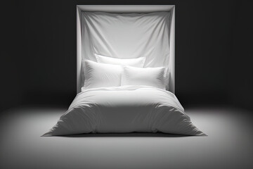 front view up close on a dark background Modern contemporary bed with white blanket cloth isolated on white backdrop. Generative AI