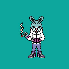 Fototapeta na wymiar rabbit character cartoon mascot smoking blunt and joint from weed flower nug cannabis marijuana
