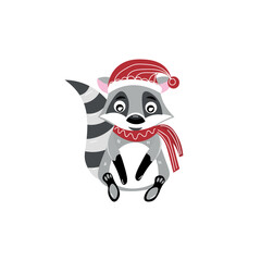 Cute raccoon with scarf and hat on white background