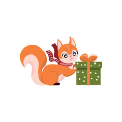 Cute squirrel with Christmas gift on white background