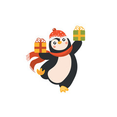 Cute penguin with Christmas gifts on white background
