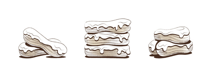 Collage of tasty eclairs on white background