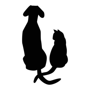 Silhouettes Of Cute Dog And Cat On White Background, Back View