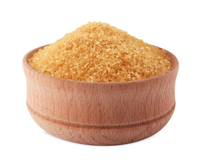 Wooden bowl of granulated brown sugar isolated on white