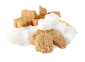 Different types of sugar on white background