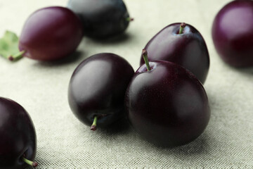 Many tasty ripe plums on light fabric, closeup