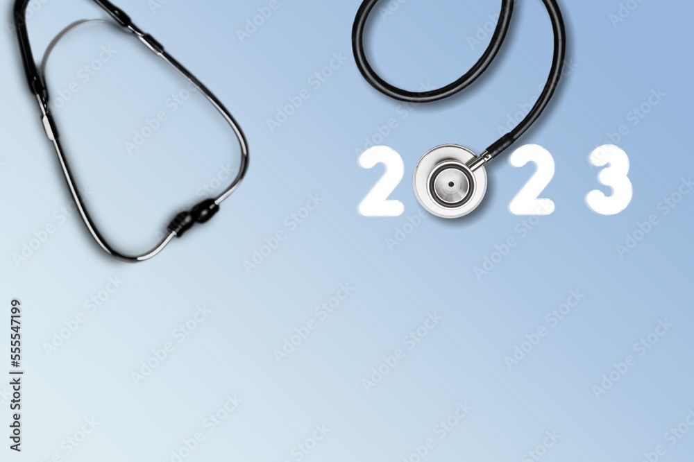 Sticker Medical Stethoscope and 2023 number. New Year